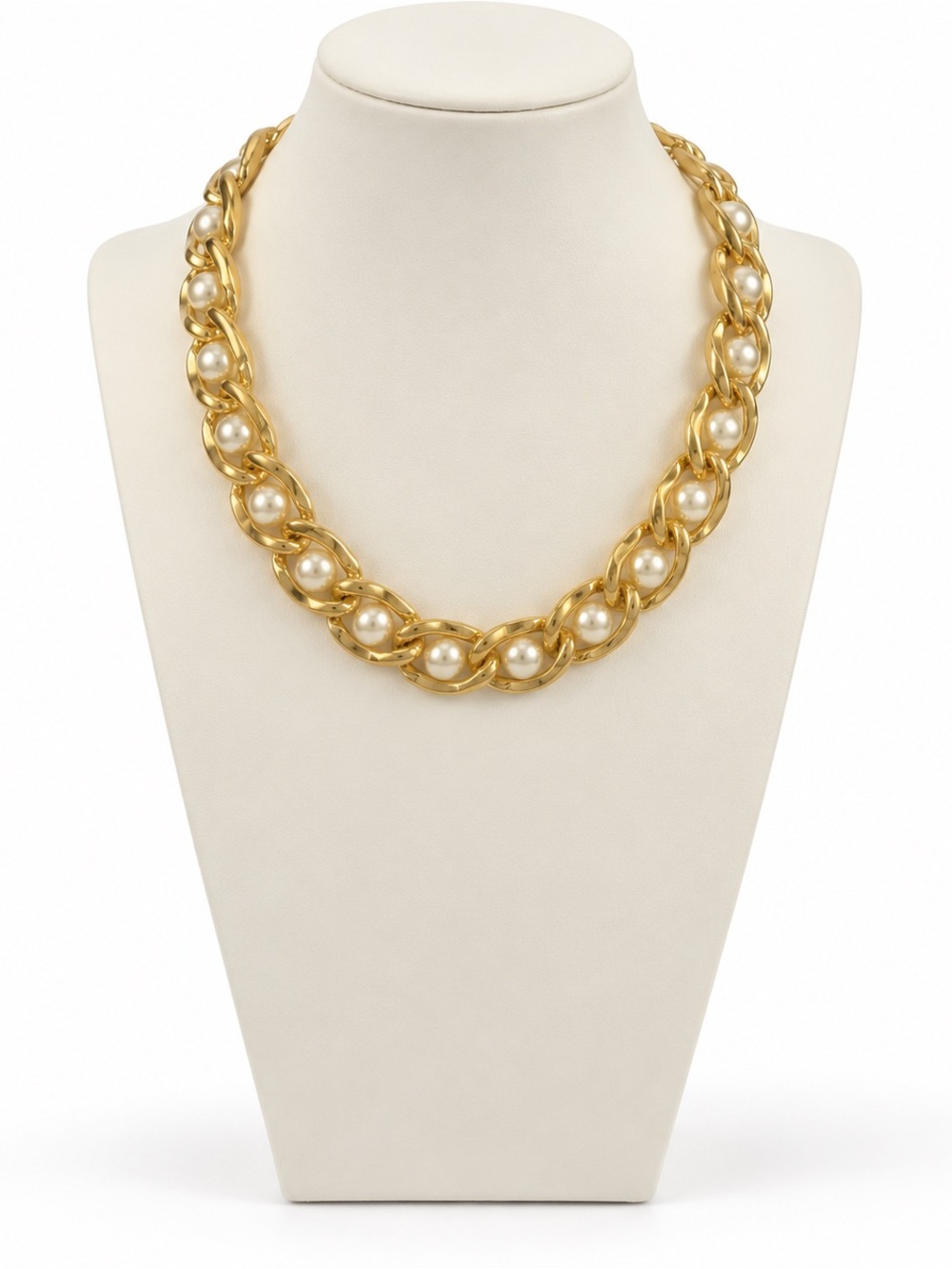 Signed Vintage Napier Gold Tone Faux Pearl Statement Collar Necklace 16”